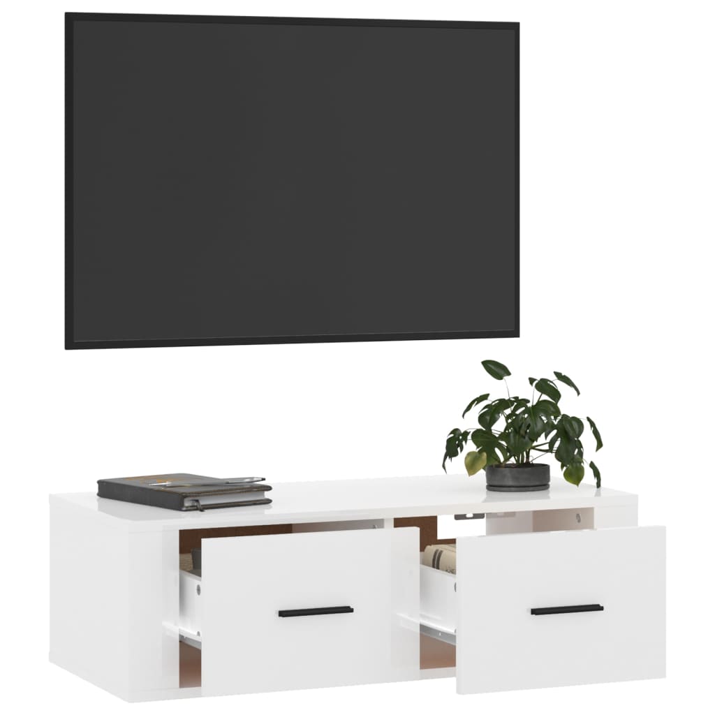 Meuble TV mural blanc brillant 80x36x25 cm en bois