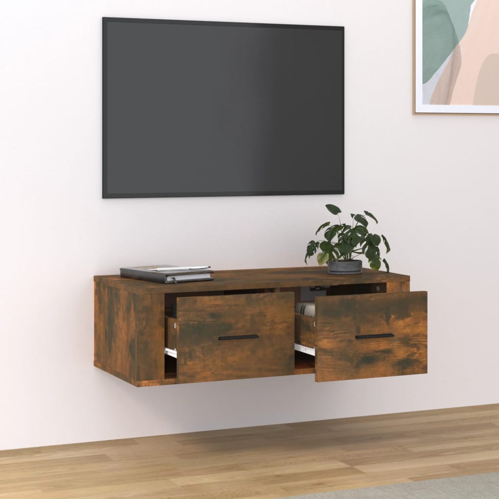 Meuble TV mural chêne fumé 80x36x25 cm matériau bois