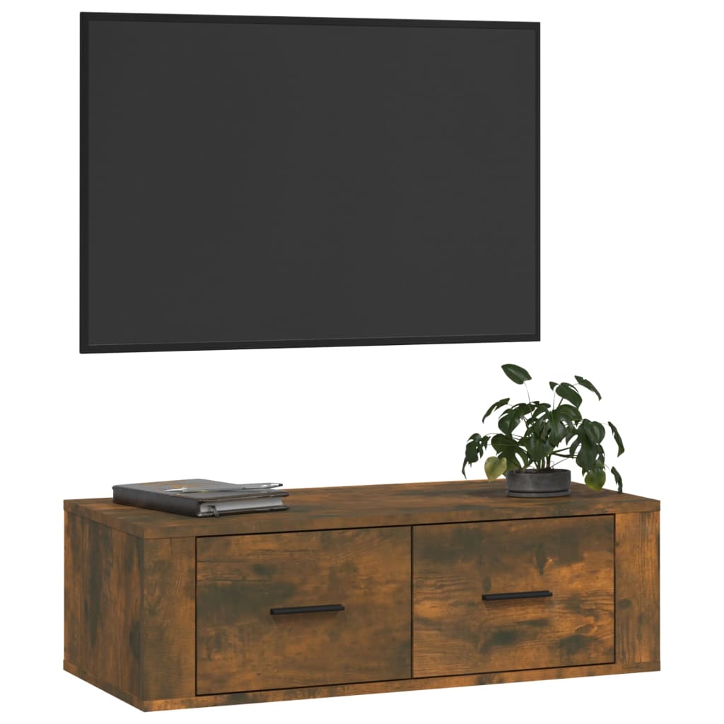 Meuble TV mural chêne fumé 80x36x25 cm matériau bois