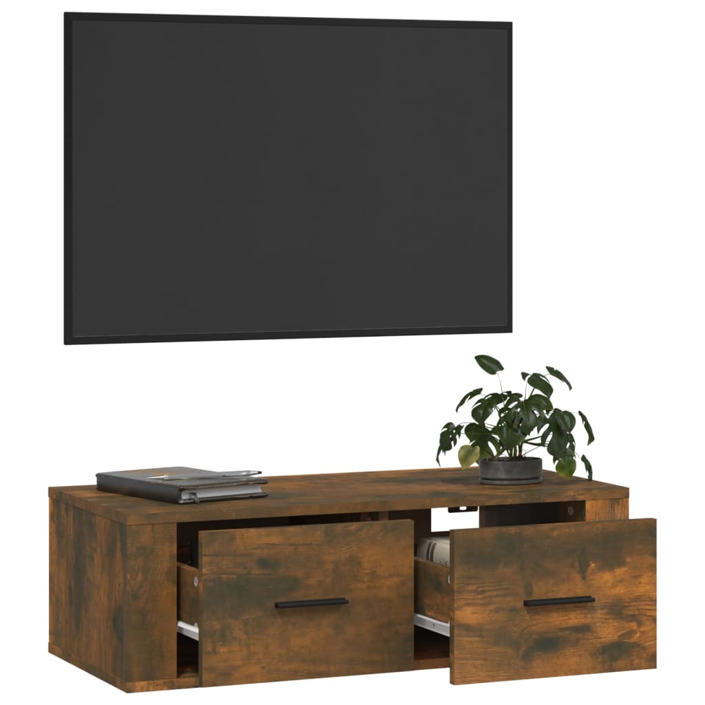 Meuble TV mural chêne fumé 80x36x25 cm matériau bois