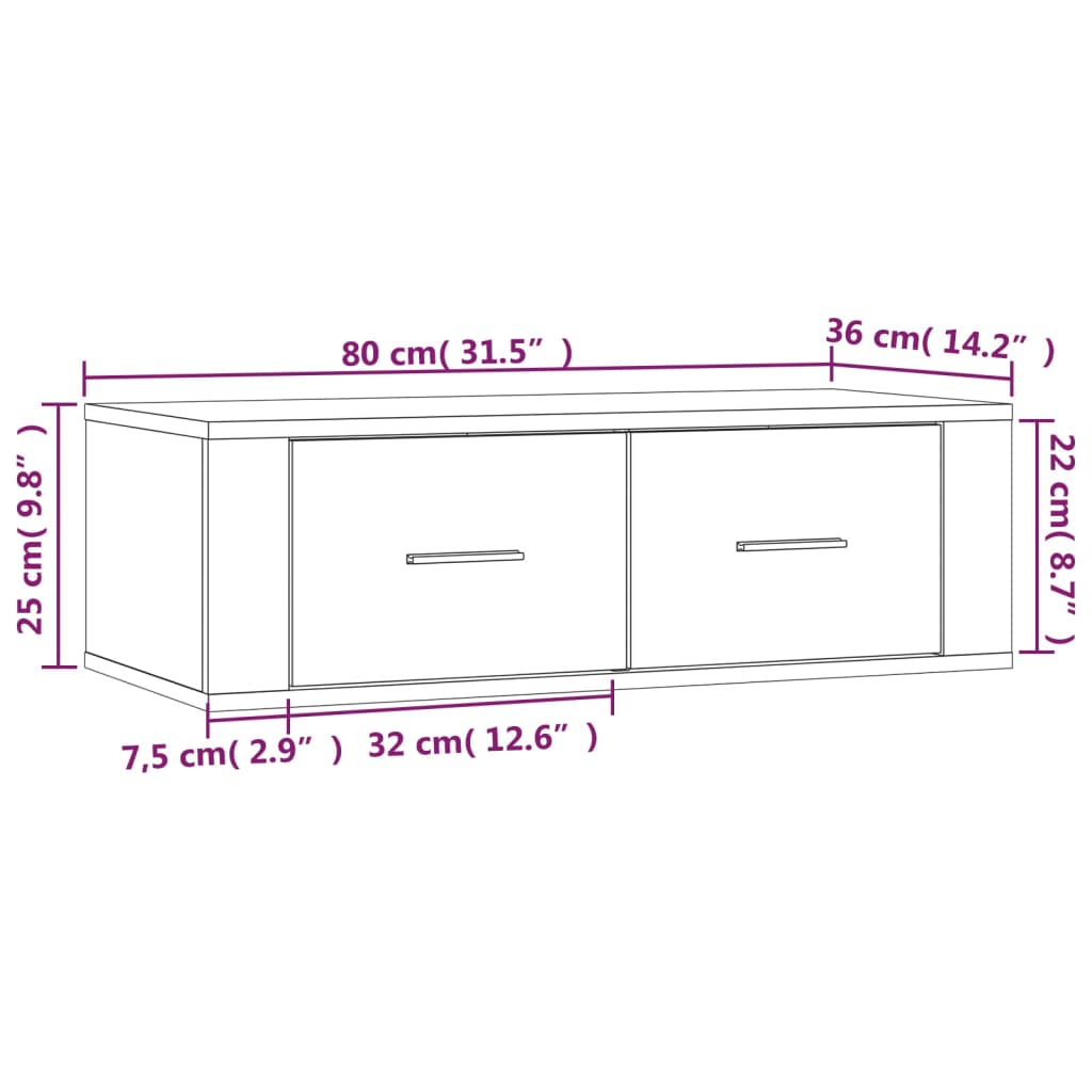 Meuble TV mural chêne fumé 80x36x25 cm matériau bois