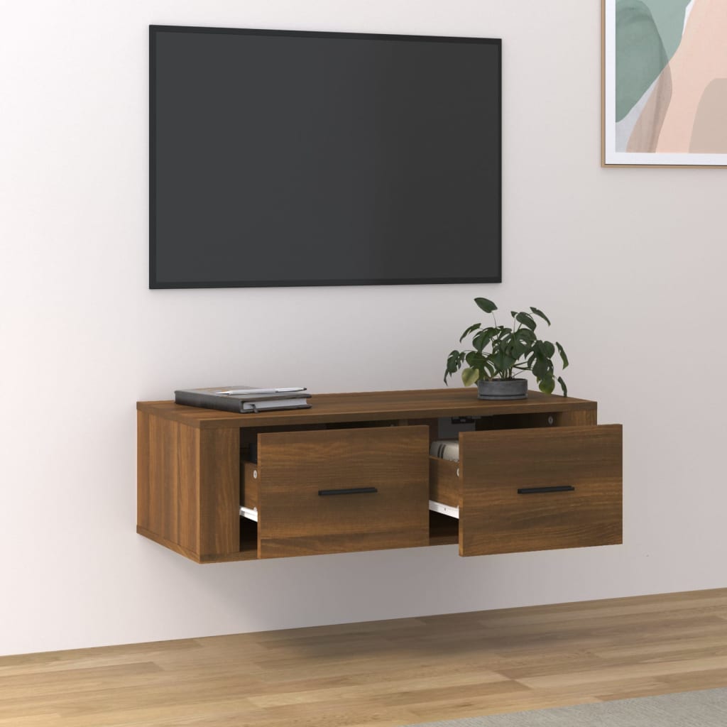 Meuble TV mural aspect chêne marron 80x36x25 cm matériau bois