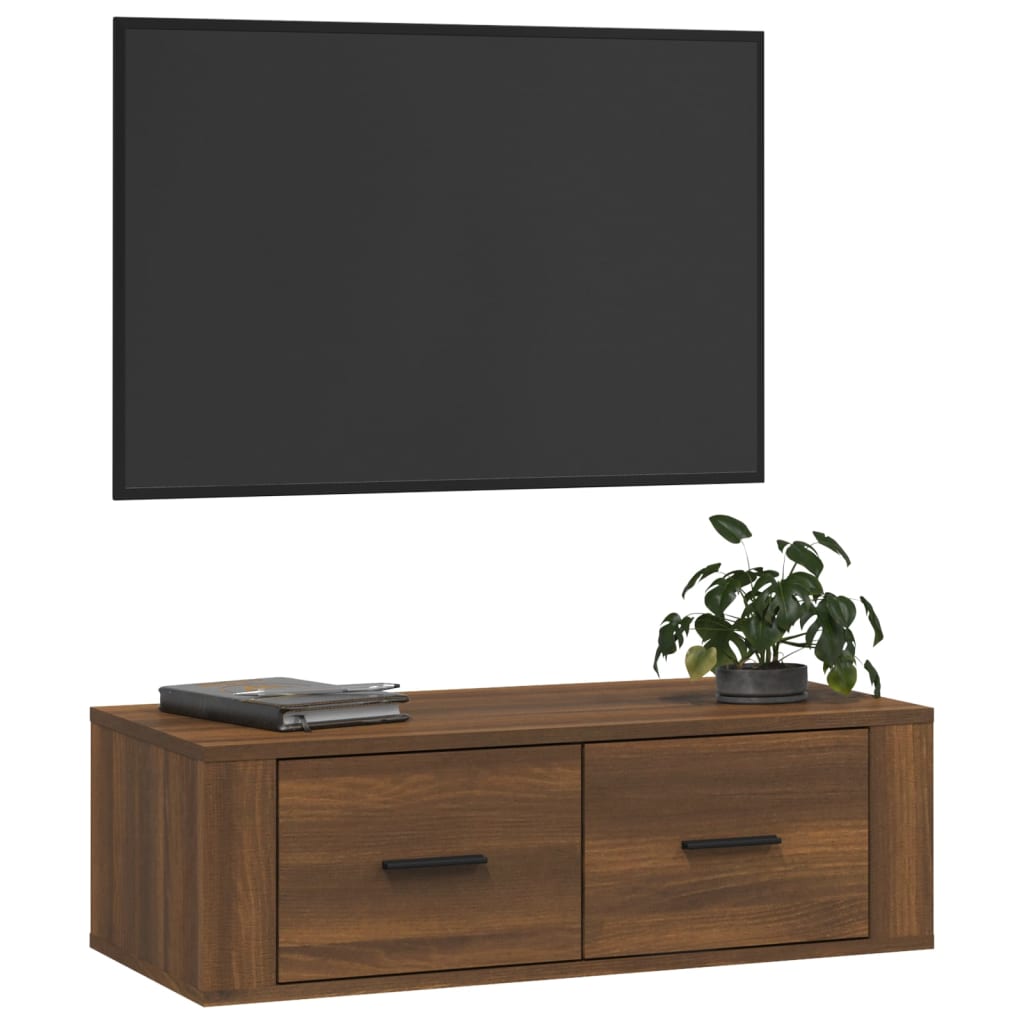 Meuble TV mural aspect chêne marron 80x36x25 cm matériau bois