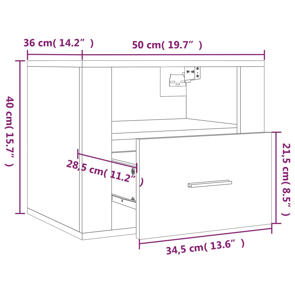 Table de chevet murale blanche 50x36x40 cm