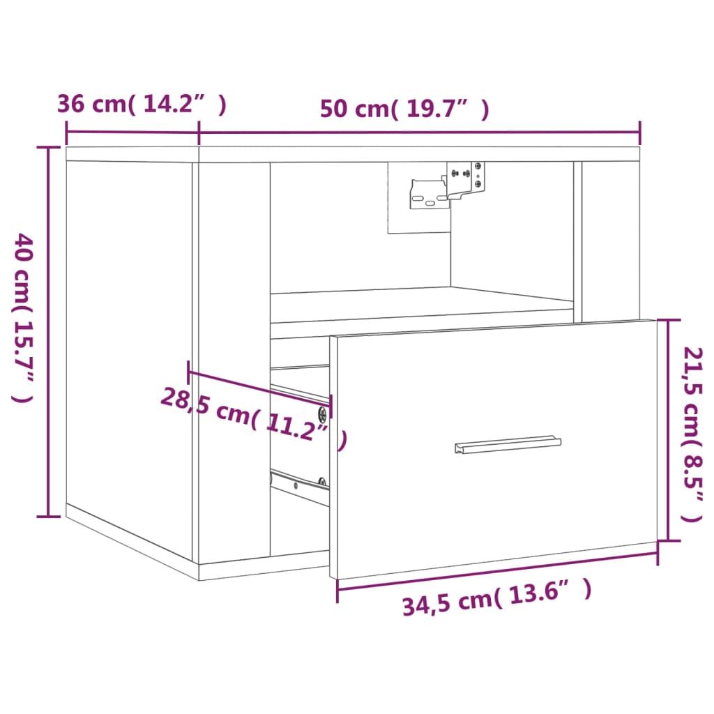 Table de chevet murale noire 50x36x40 cm