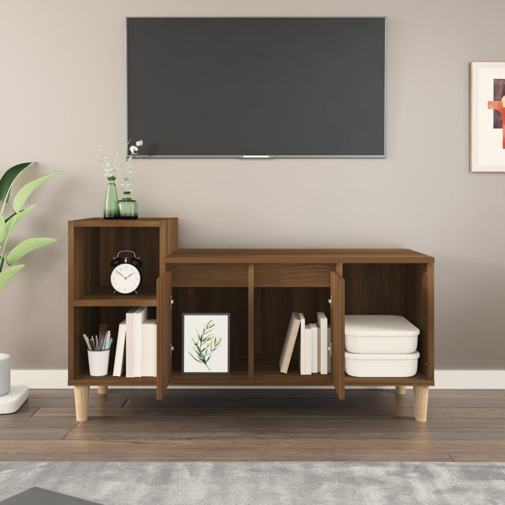 Meuble TV aspect chêne marron 100x35x55 cm matériau bois