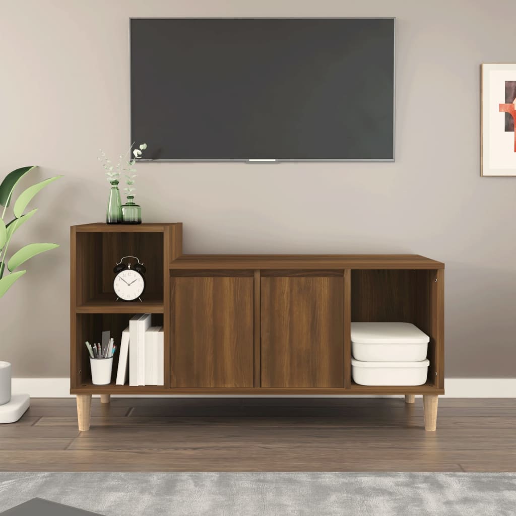 Meuble TV aspect chêne marron 100x35x55 cm matériau bois