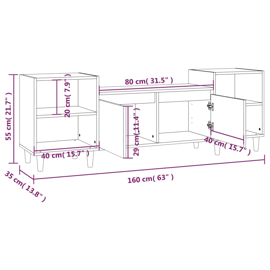 Meuble TV gris béton 160x35x55 cm en bois