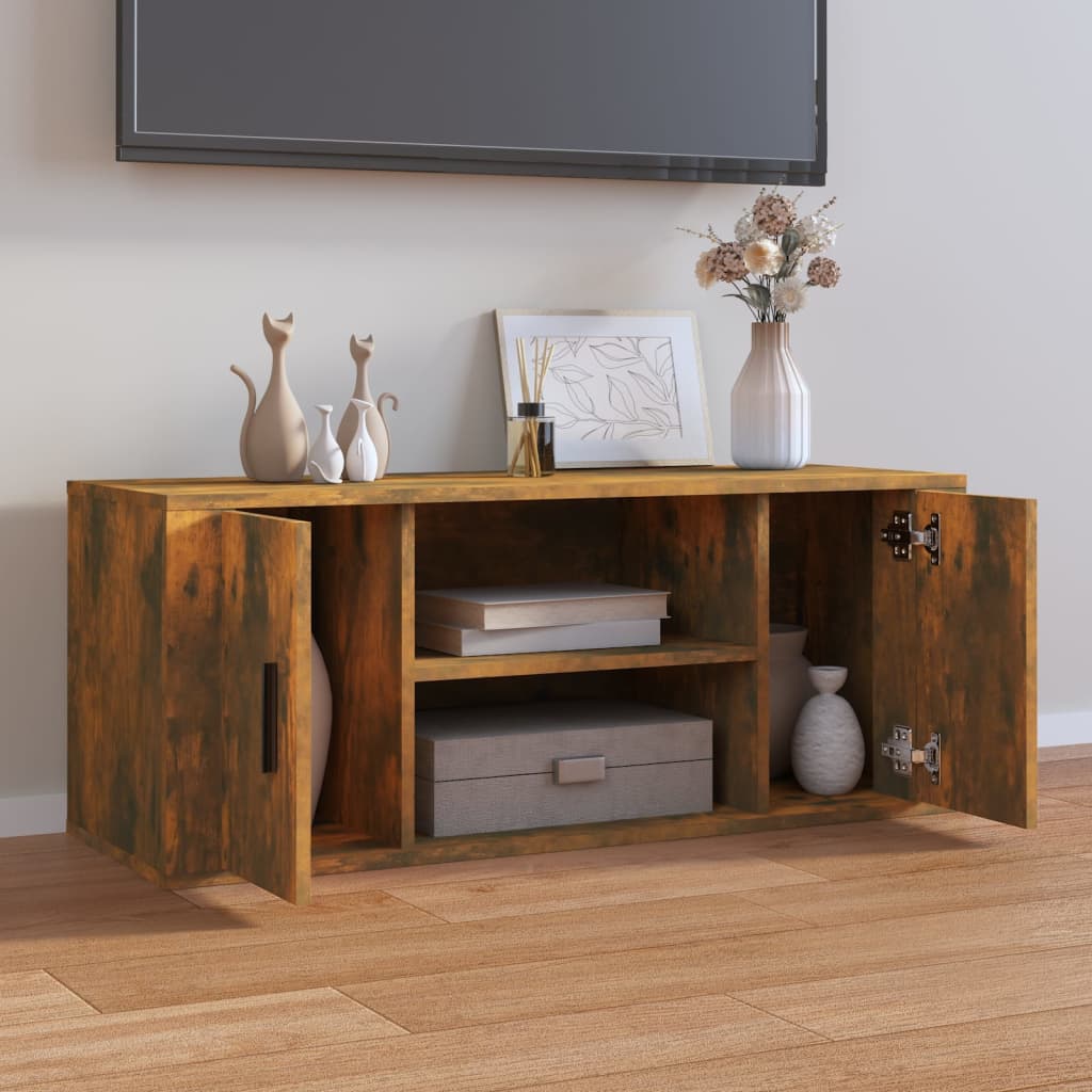 Meuble TV chêne fumé 100x35x40 cm matériau bois