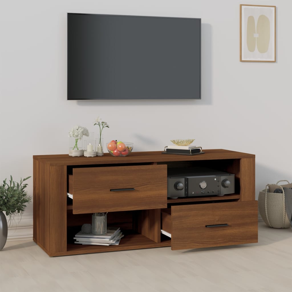 Meuble TV aspect chêne marron 100x35x40 cm matériau bois