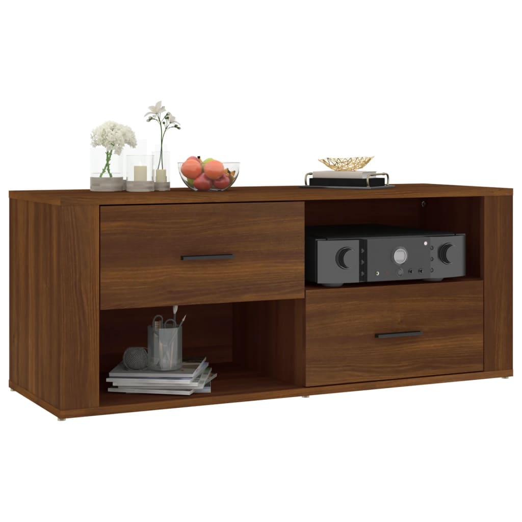 Meuble TV aspect chêne marron 100x35x40 cm matériau bois