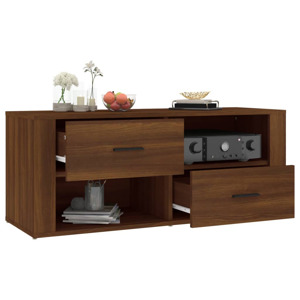 Meuble TV aspect chêne marron 100x35x40 cm matériau bois