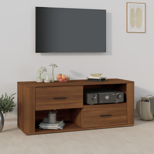 Meuble TV aspect chêne marron 100x35x40 cm matériau bois