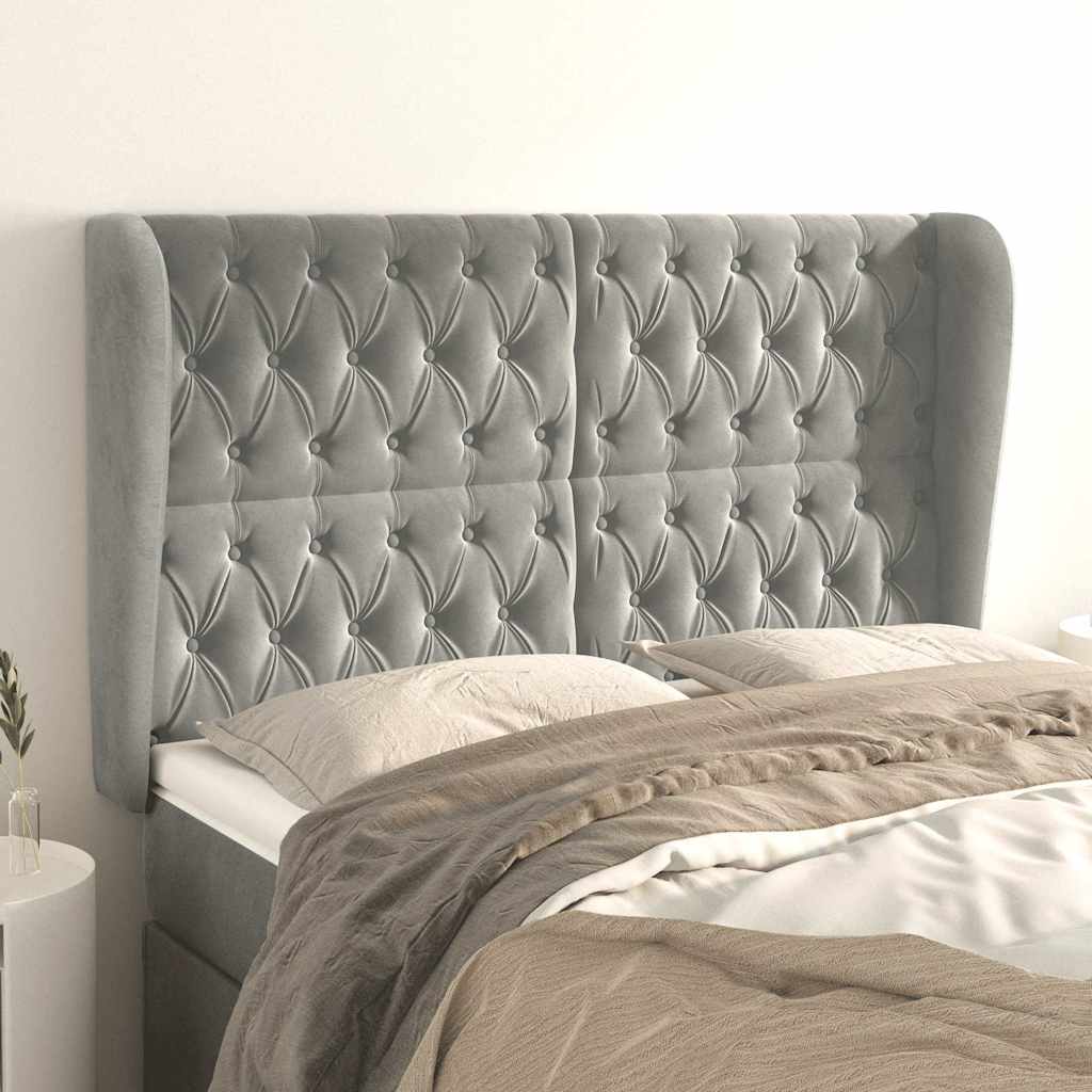 Kopfteil mit Ohren Hellgrau 163x23x118/128 cm Samt