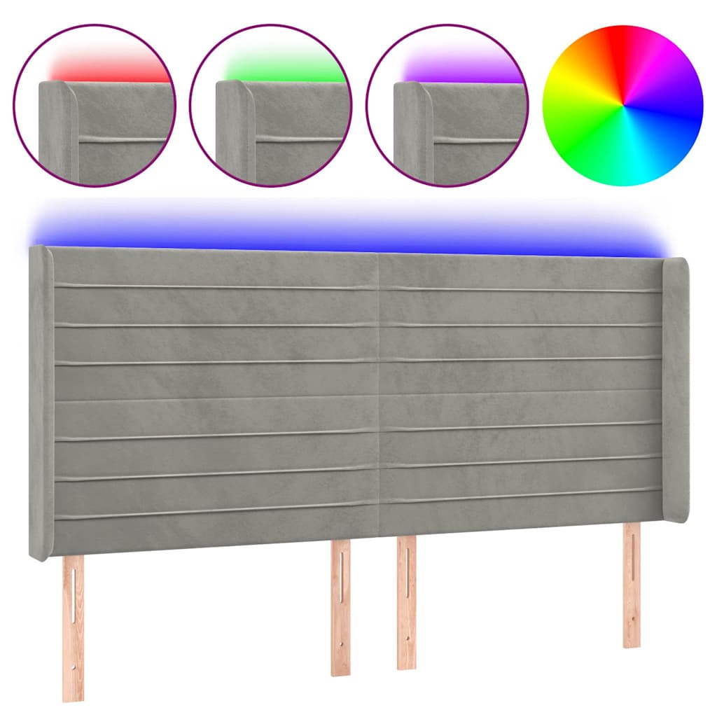 LED Kopfteil Hellgrau 203x16x118/128 cm Samt
