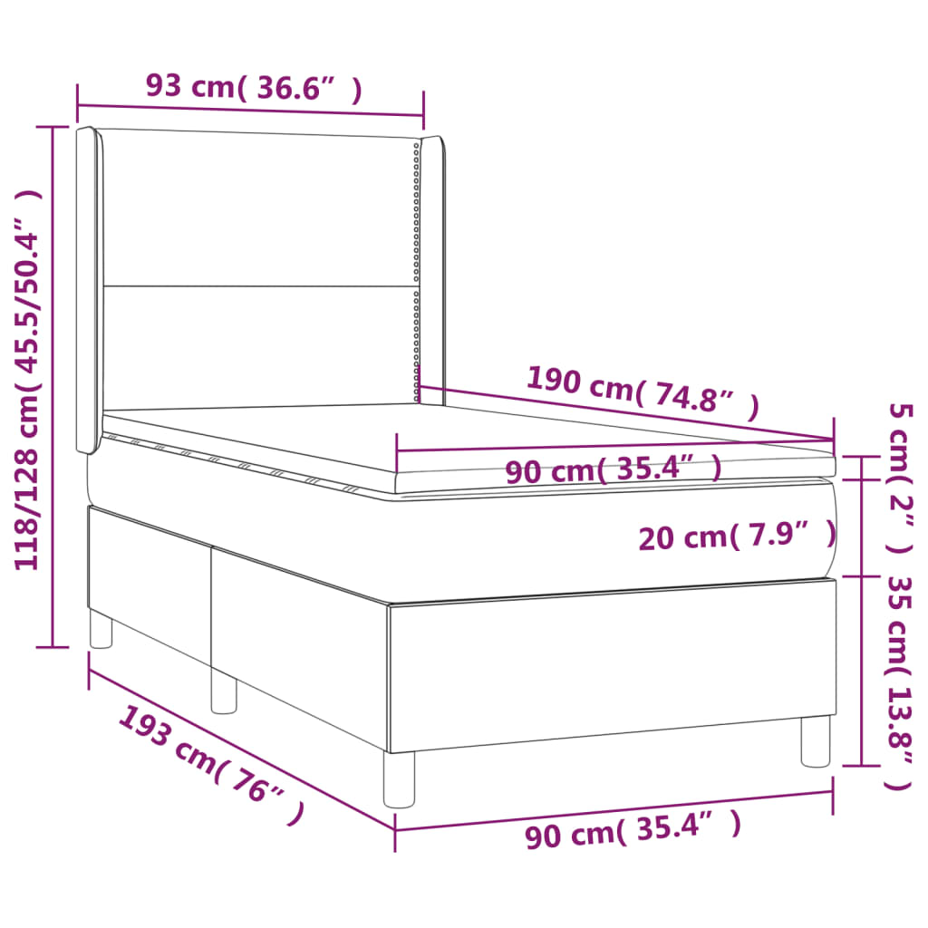 Lit sommier tapissier avec matelas tissu taupe 90x190 cm