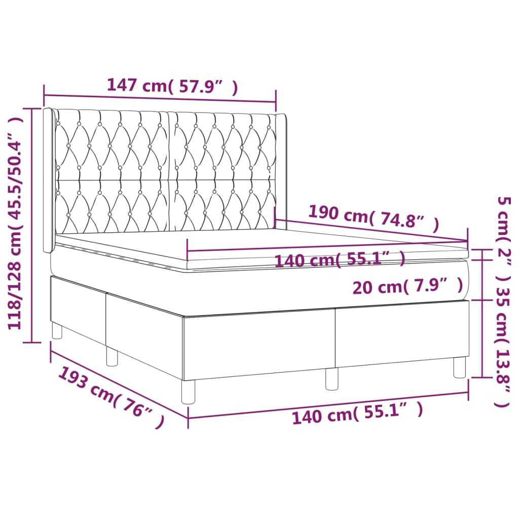 Lit à sommier tapissier avec matelas en tissu noir 140x190 cm