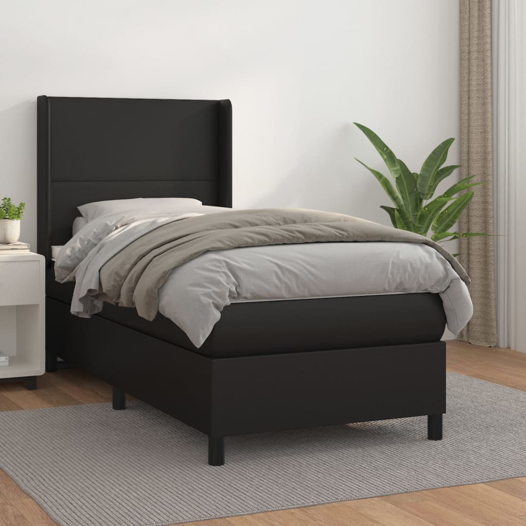 Lit à sommier tapissier avec matelas noir 90x190 cm en similicuir