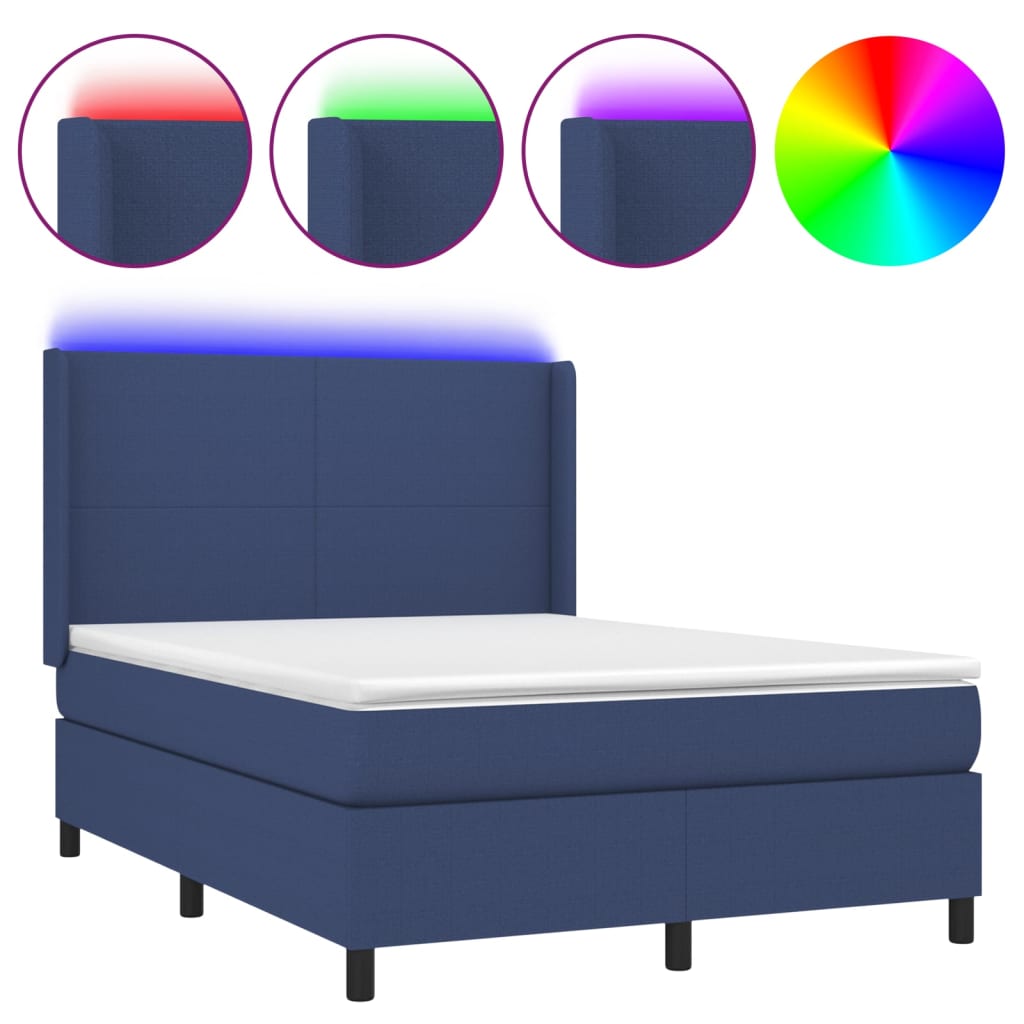 Lit à sommier tapissier avec matelas et LED bleu tissu 140x190 cm