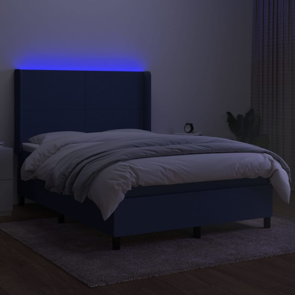 Lit à sommier tapissier avec matelas et LED bleu tissu 140x190 cm