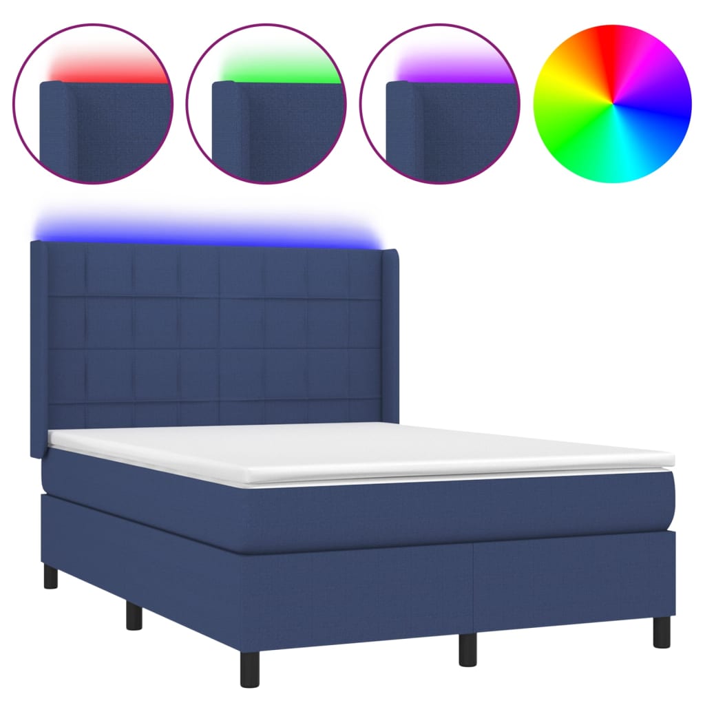 Lit à sommier tapissier avec matelas et LED bleu tissu 140x190 cm