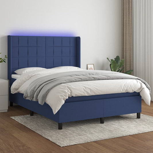 Lit à sommier tapissier avec matelas et LED bleu tissu 140x190 cm