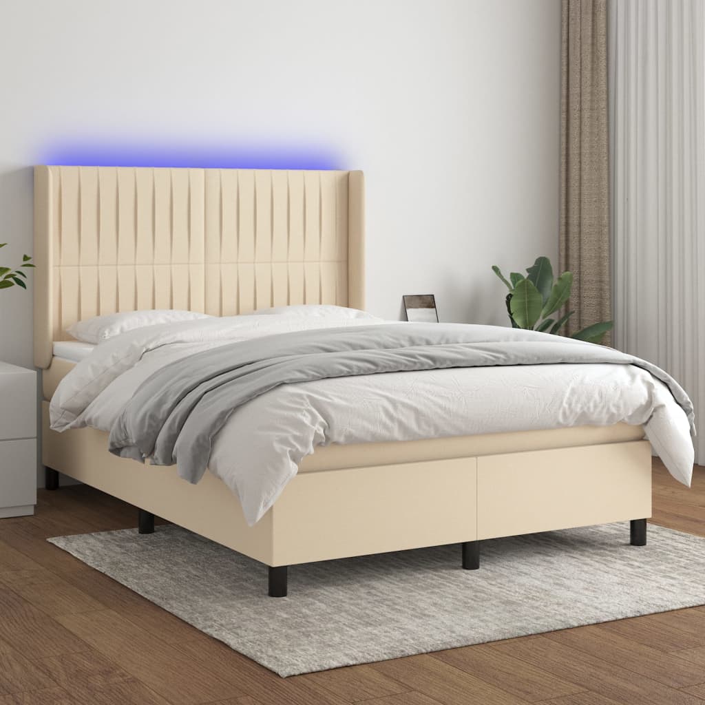 LED Boxspringbett mit Kopfteil Creme Stoff