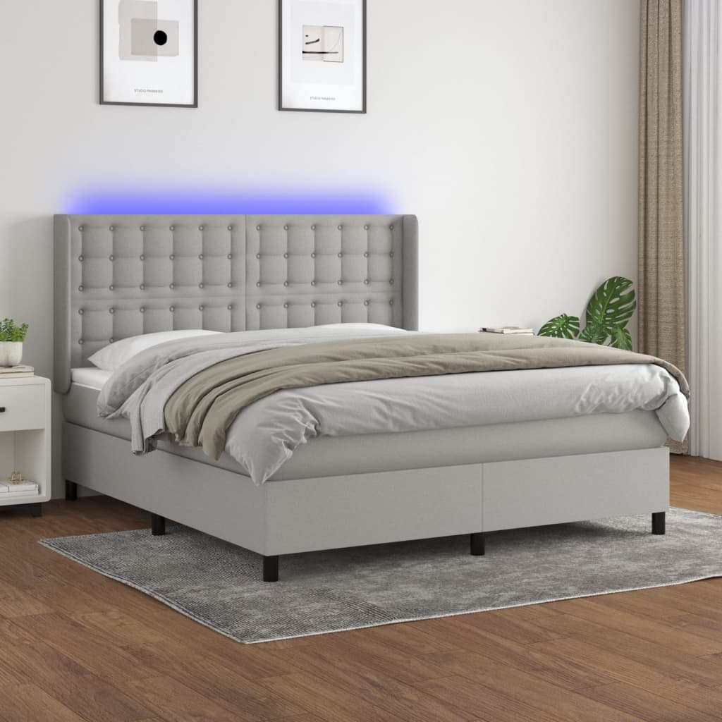 LED Boxspringbett mit Kopfteil Hellgrau Stoff