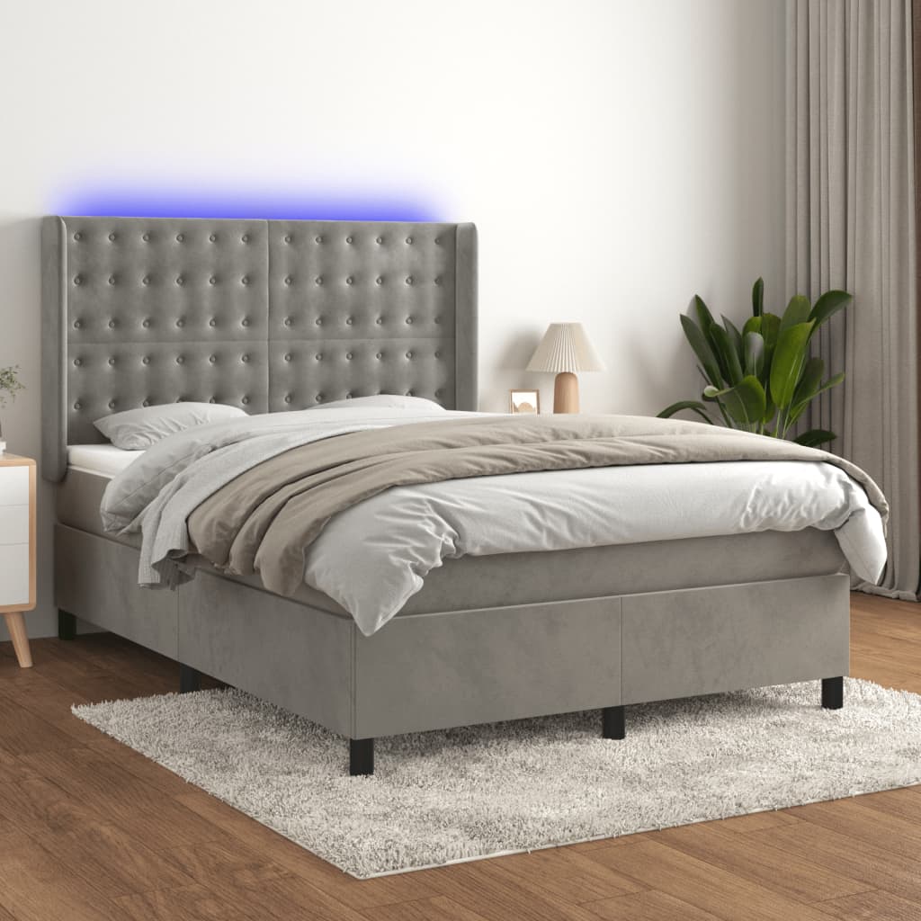 Boxspringbett mit Matratze & LED Hellgrau 140x190 cm Samt