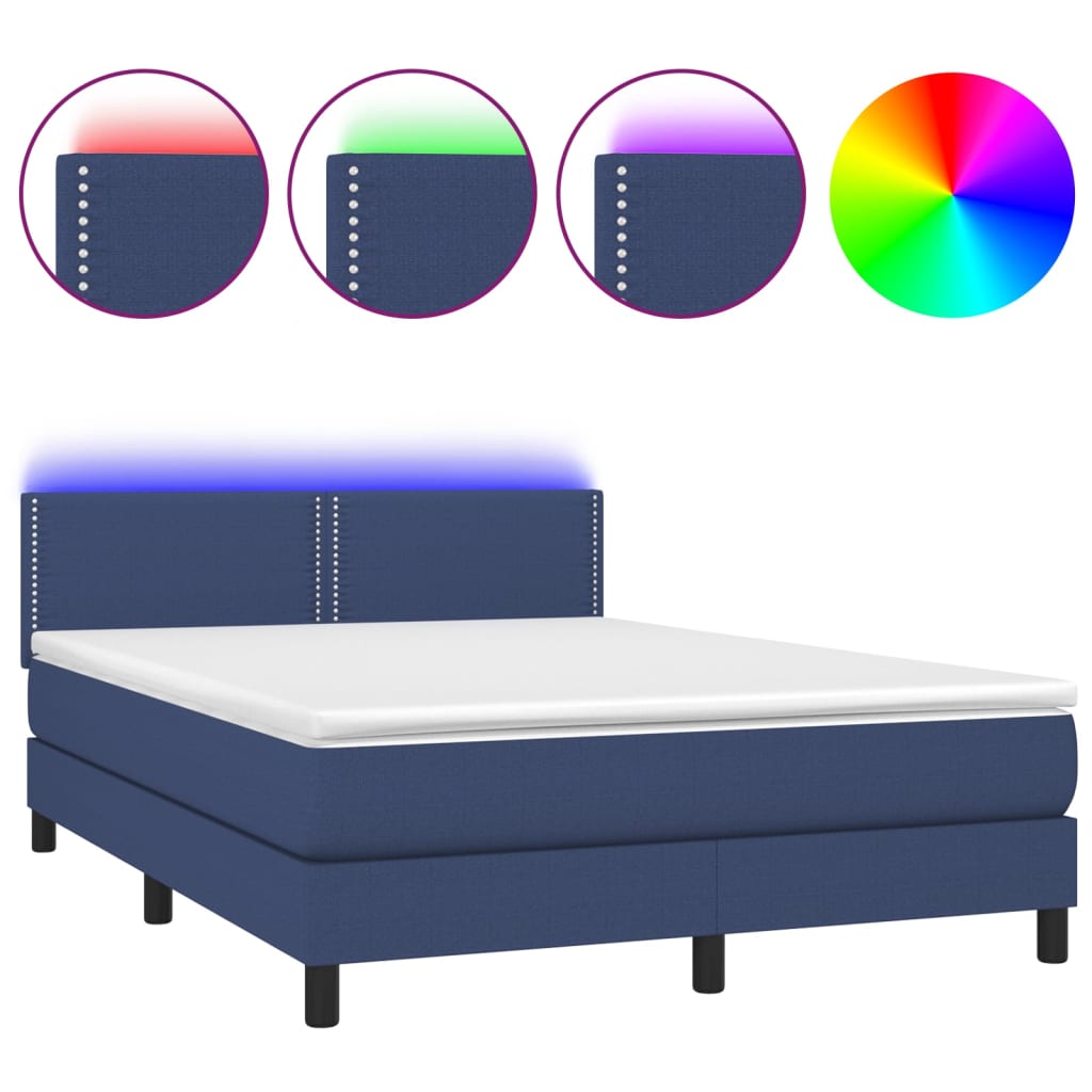 Lit à sommier tapissier avec matelas et LED bleu tissu 140x190 cm