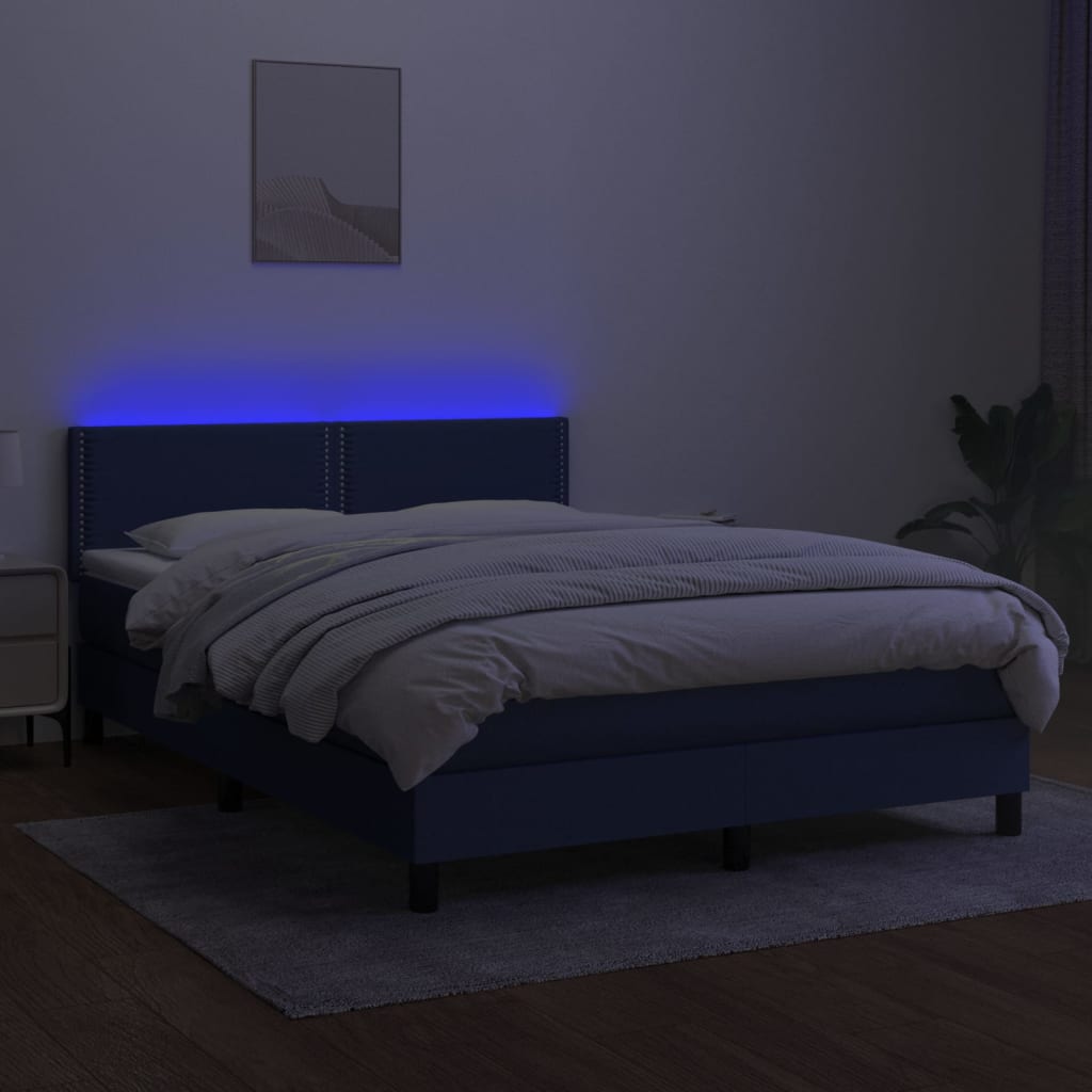 Lit à sommier tapissier avec matelas et LED bleu tissu 140x190 cm