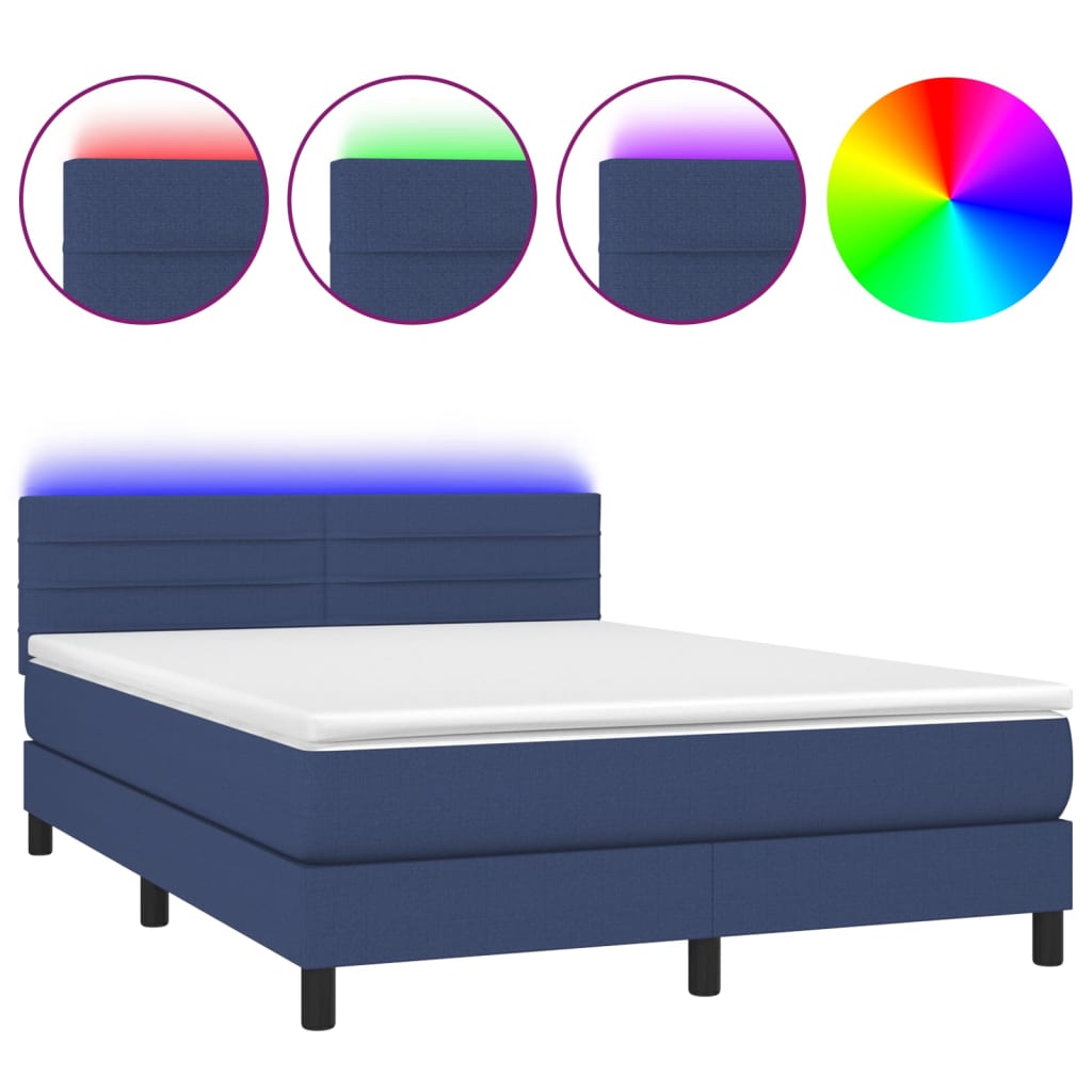 Lit à sommier tapissier avec matelas et LED bleu tissu 140x190 cm