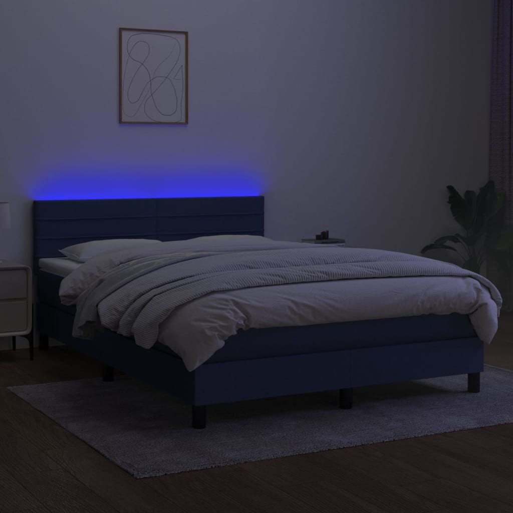 Lit à sommier tapissier avec matelas et LED bleu tissu 140x190 cm