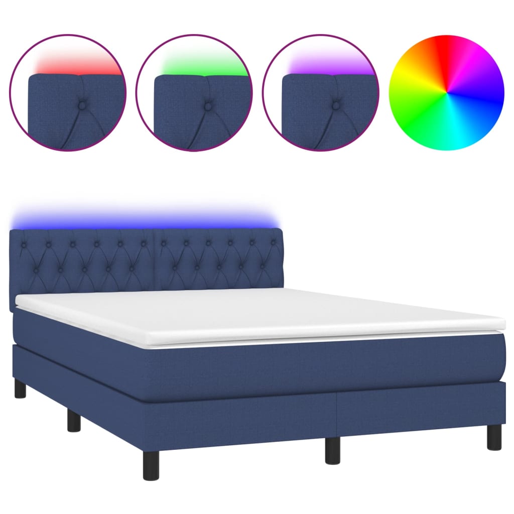 Lit à sommier tapissier avec matelas et LED bleu tissu 140x190 cm