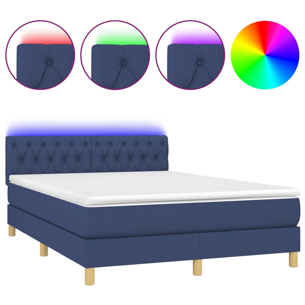 Lit à sommier tapissier avec matelas et LED bleu tissu 140x190 cm