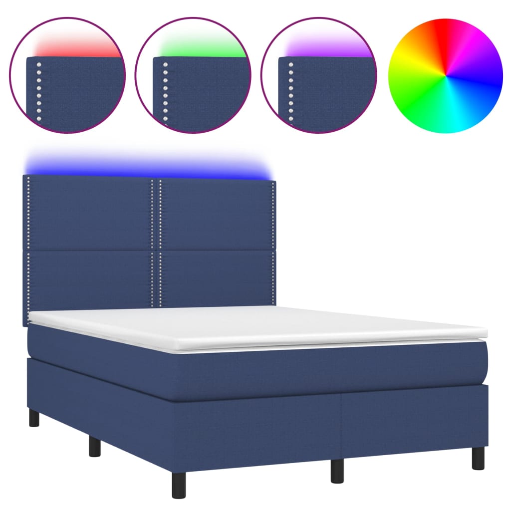 Lit à sommier tapissier avec matelas et LED bleu tissu 140x190 cm