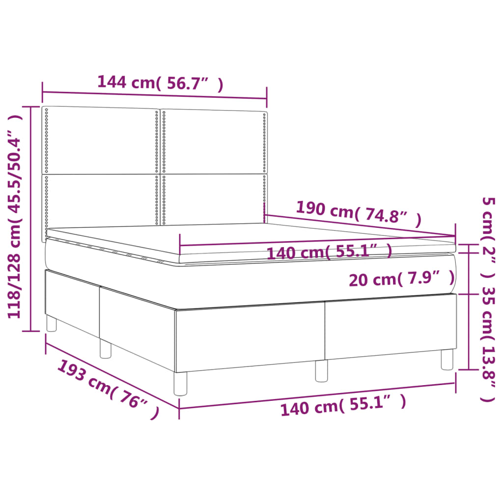 Lit à sommier tapissier avec matelas et LED bleu tissu 140x190 cm