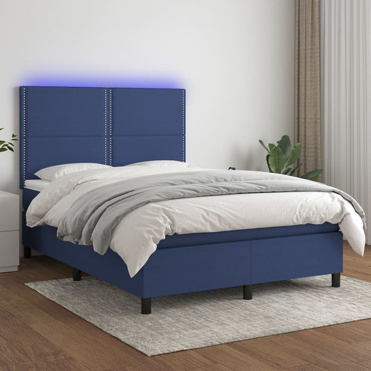 Lit à sommier tapissier avec matelas et LED bleu tissu 140x190 cm