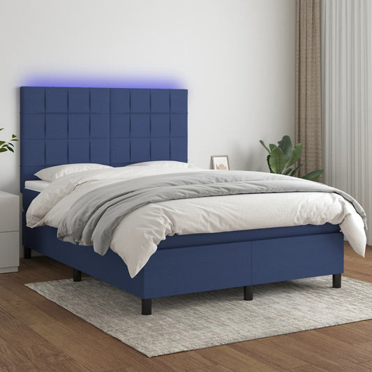 Lit à sommier tapissier avec matelas et LED bleu tissu 140x190 cm