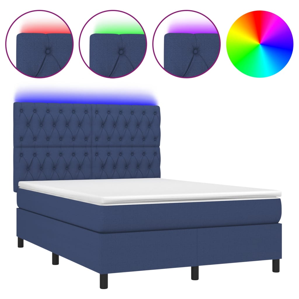 Lit à sommier tapissier avec matelas et LED bleu tissu 140x190 cm