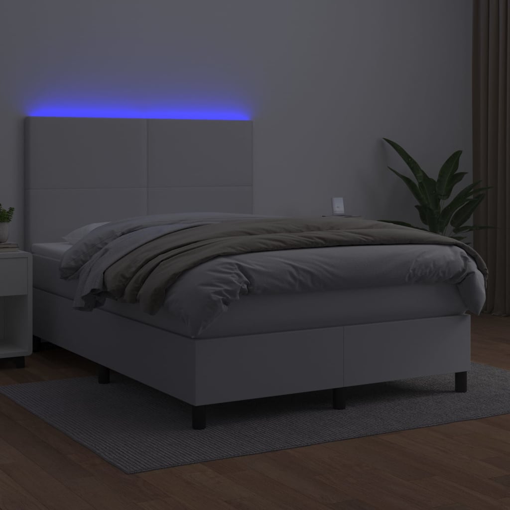 Boxspringbett mit Matratze & LED Weiß 140x190 cm Kunstleder