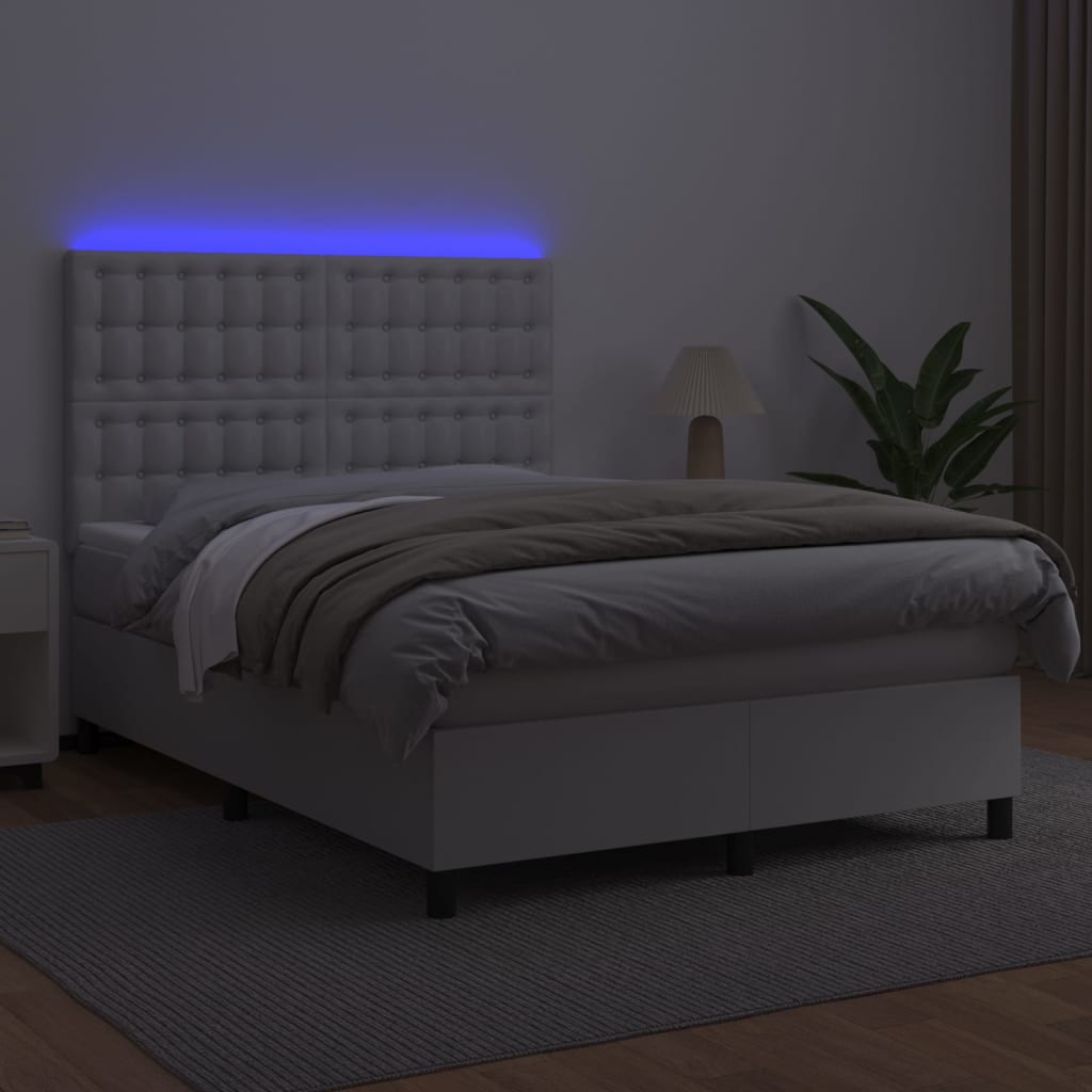 Boxspringbett mit Matratze & LED Weiß 140x190 cm Kunstleder