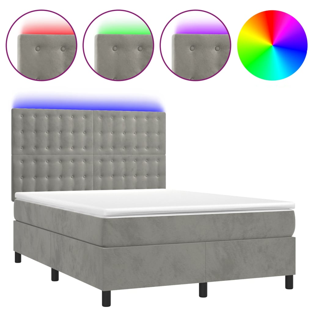 Boxspringbett mit Matratze & LED Hellgrau 140x190 cm Samt
