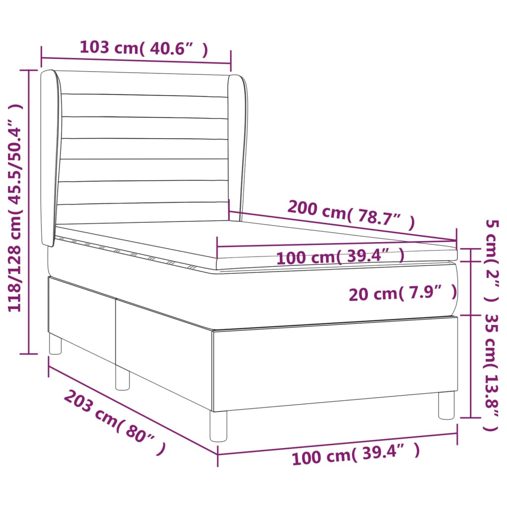 Sommier tapissier avec matelas gris foncé 100x200 cm velours