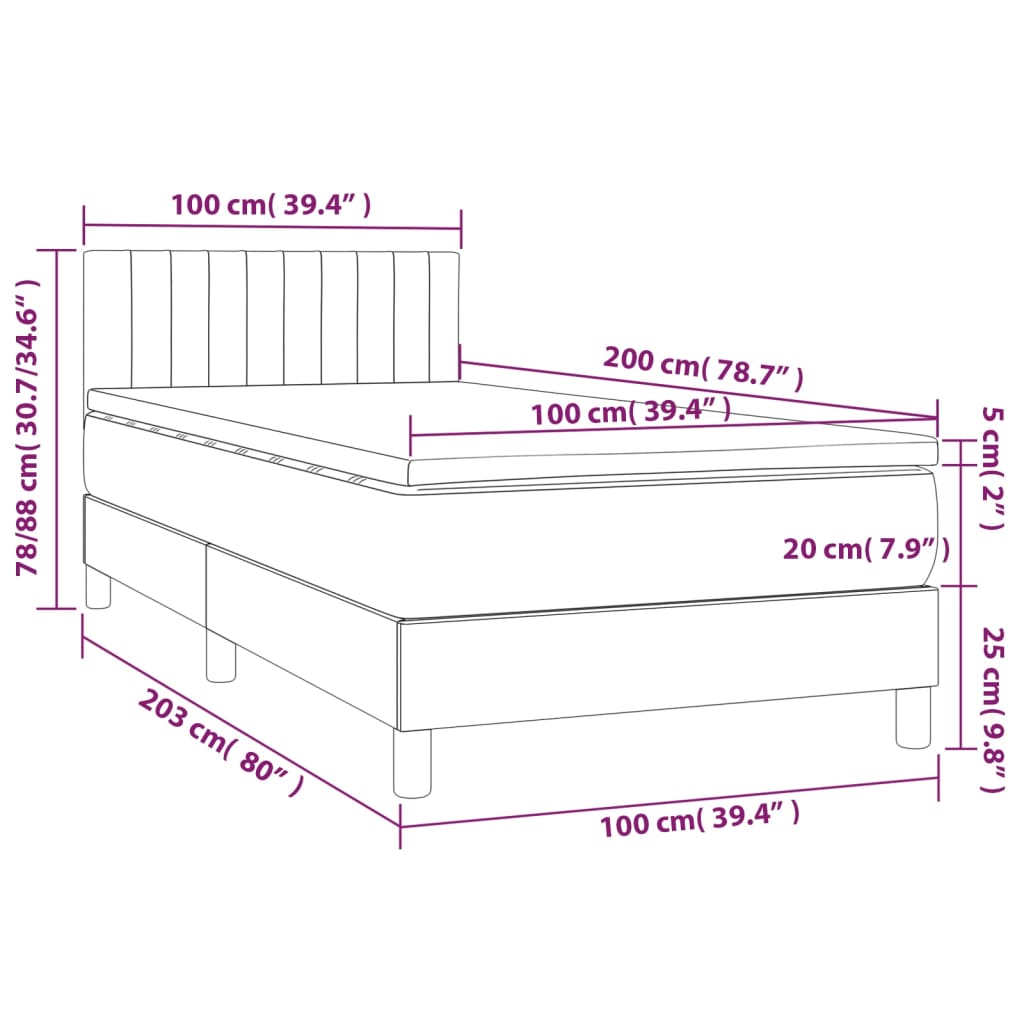 Box spring bed with mattress dark grey 100x200 cm fabric
