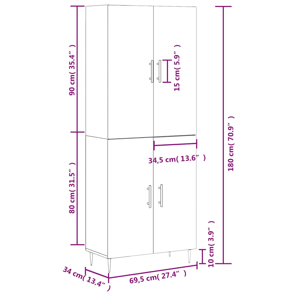 Highboard Grau Sonoma 69,5x34x180 cm Holzwerkstoff