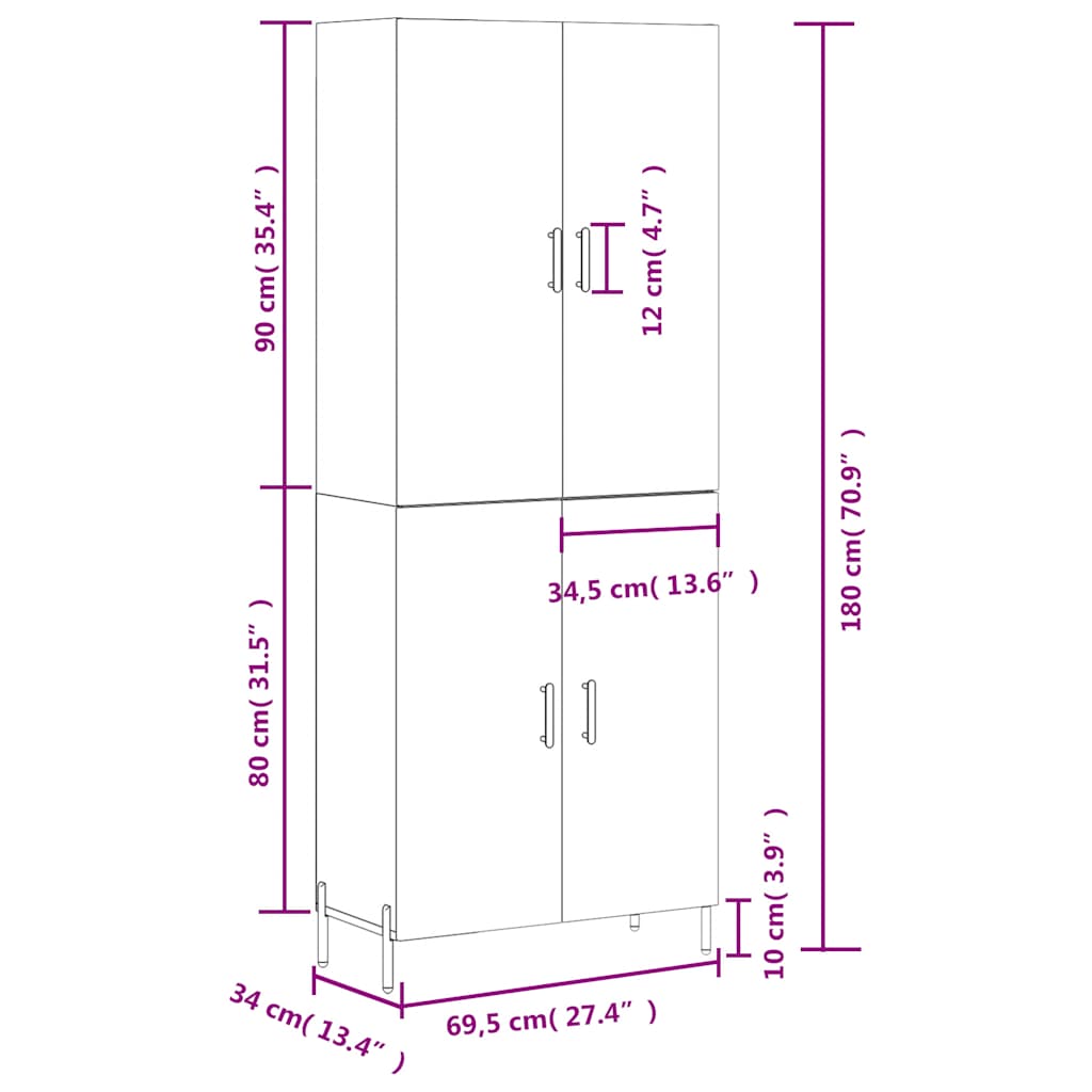 Highboard Grau Sonoma 69,5x34x180 cm Holzwerkstoff