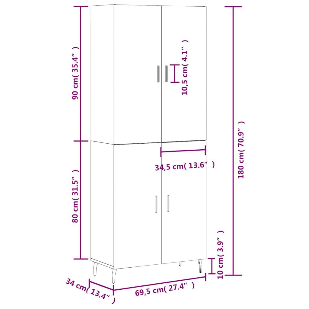 Highboard Weiß 69,5x34x180 cm Holzwerkstoff