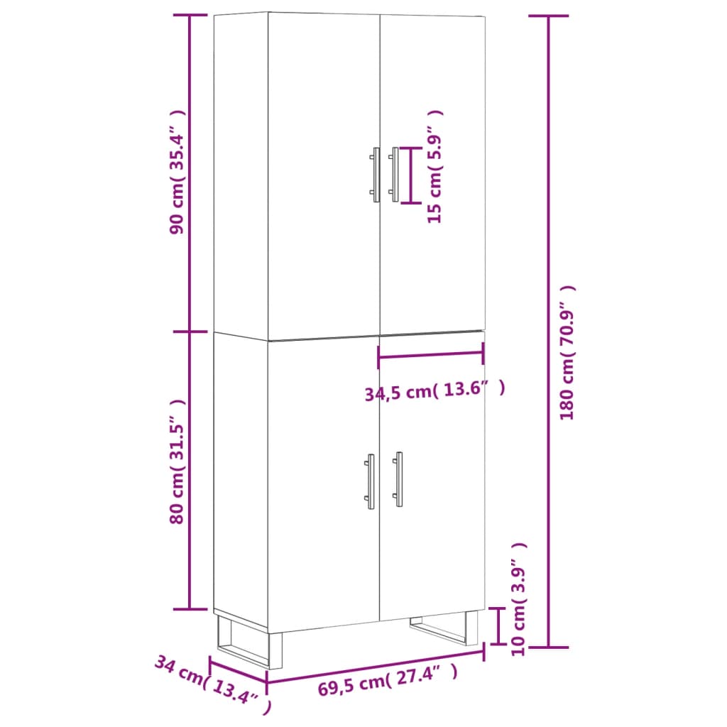 Highboard Weiß 69,5x34x180 cm Holzwerkstoff
