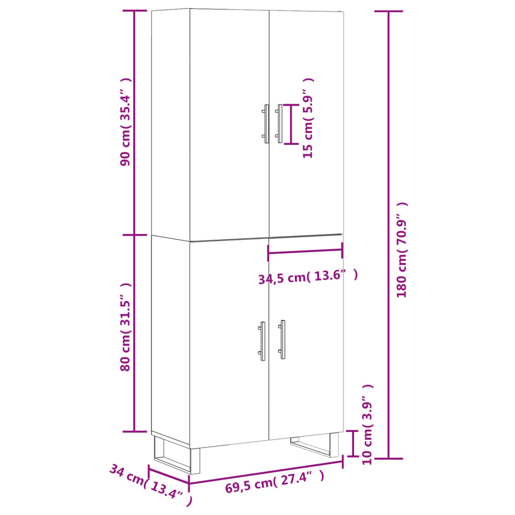 Highboard Betongrau 69,5x34x180 cm Holzwerkstoff